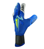 Guantes de portero Aries X PRIME Blue, con palma AXG® de látex alemán, corte Arrow Cut ergonómico, dorso con protección avanzada y cierre de muñeca de doble anclaje. Guantes de portero de futbol de alto rendimiento. Disponibles en UnoKeeper.