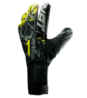 Guantes de portero Asimetrik Prime en negro, amarillo y plata, con palma Súper Softy XP de última generación para agarre sobresaliente, corte Hyper Cut que combina Rollfinger y diseño ergonómico para mayor superficie de contacto, dorso de látex sintético con malla transpirable y cierre elástico con cintillo firme. Guantes de portero de futbol semi profesionales, ideales para entrenamientos intensos y partidos de alto nivel en césped natural y todo tipo de clima. Disponibles en UnoKeeper.