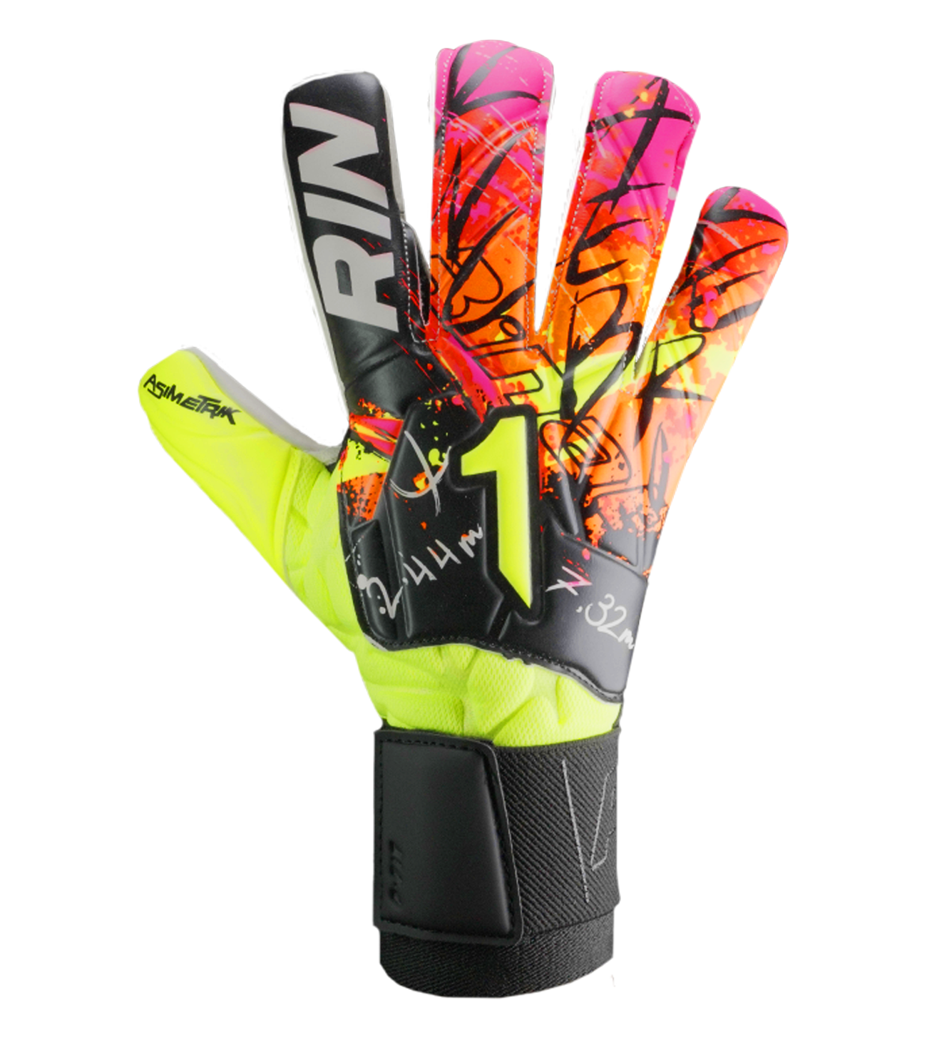 Guantes de portero de futbol Rinat Asimetrik Prime en rosa y naranja, con corte híbrido Hyper Cut, palma Súper Softy XP, dorso de látex sintético y cierre elástico; diseño vibrante de uso semiprofesional unokeeper.