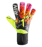 Guantes de portero de futbol Rinat Asimetrik Prime en rosa y naranja, con corte híbrido Hyper Cut, palma Súper Softy XP, dorso de látex sintético y cierre elástico; diseño vibrante de uso semiprofesional unokeeper.