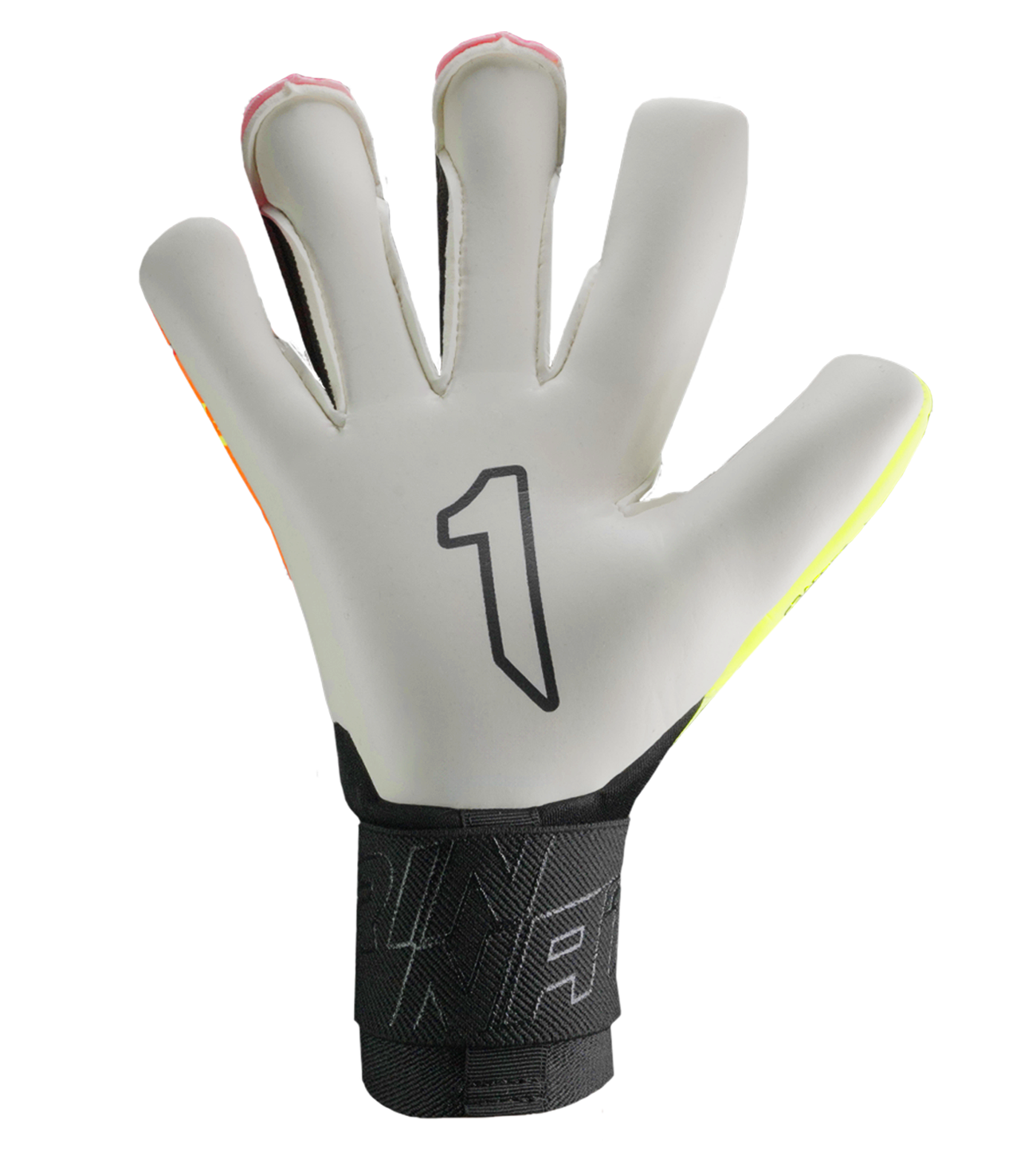 Guantes de portero de futbol Rinat Asimetrik Prime en rosa y naranja, con corte híbrido Hyper Cut, palma Súper Softy XP, dorso de látex sintético y cierre elástico; diseño vibrante de uso semiprofesional unokeeper.