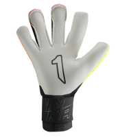 Guantes de portero de futbol Rinat Asimetrik Prime en rosa y naranja, con corte híbrido Hyper Cut, palma Súper Softy XP, dorso de látex sintético y cierre elástico; diseño vibrante de uso semiprofesional unokeeper.
