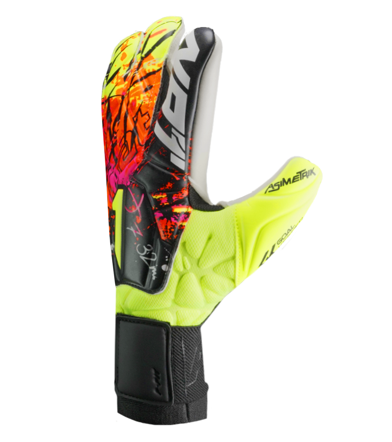 Guantes de portero de futbol Rinat Asimetrik Prime en rosa y naranja, con corte híbrido Hyper Cut, palma Súper Softy XP, dorso de látex sintético y cierre elástico; diseño vibrante de uso semiprofesional unokeeper.