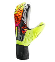 Guantes de portero de futbol Rinat Asimetrik Prime en rosa y naranja, con corte híbrido Hyper Cut, palma Súper Softy XP, dorso de látex sintético y cierre elástico; diseño vibrante de uso semiprofesional unokeeper.