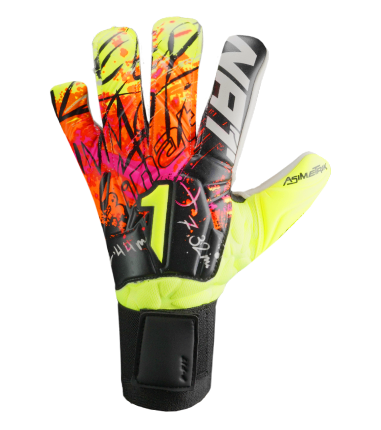 Guantes de portero de futbol Rinat Asimetrik Prime en rosa y naranja, con corte híbrido Hyper Cut, palma Súper Softy XP, dorso de látex sintético y cierre elástico; diseño vibrante de uso semiprofesional unokeeper.