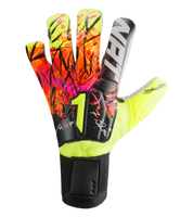 Guantes de portero de futbol Rinat Asimetrik Prime en rosa y naranja, con corte híbrido Hyper Cut, palma Súper Softy XP, dorso de látex sintético y cierre elástico; diseño vibrante de uso semiprofesional unokeeper.