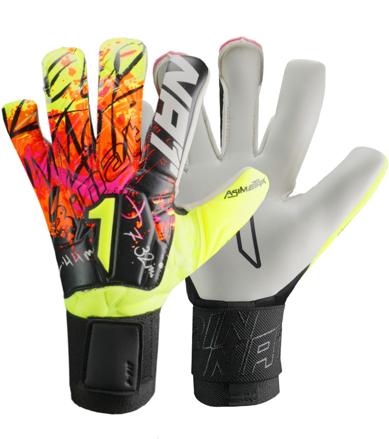Guantes de portero de futbol Rinat Asimetrik Prime en rosa y naranja, con corte híbrido Hyper Cut, palma Súper Softy XP, dorso de látex sintético y cierre elástico; diseño vibrante de uso semiprofesional unokeeper.