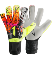 Guantes de portero de futbol Rinat Asimetrik Prime en rosa y naranja, con corte híbrido Hyper Cut, palma Súper Softy XP, dorso de látex sintético y cierre elástico; diseño vibrante de uso semiprofesional unokeeper.