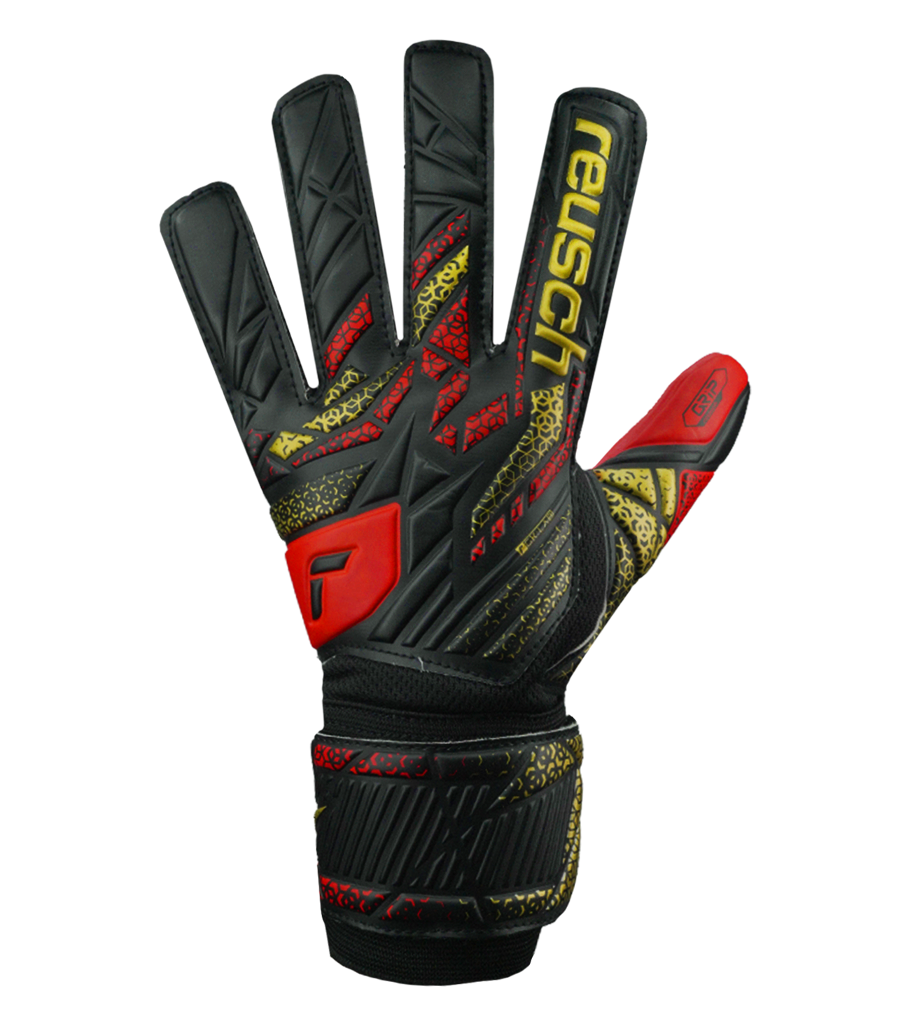 Guantes de portero Reusch Grip para principiantes, con palma de látex Reusch Grip, corte negativo, dorso en PVC/textil y muñequera elástica con correa. Comodidad, durabilidad y control confiable para entrenamientos y partidos. Disponibles en UnoKeeper.