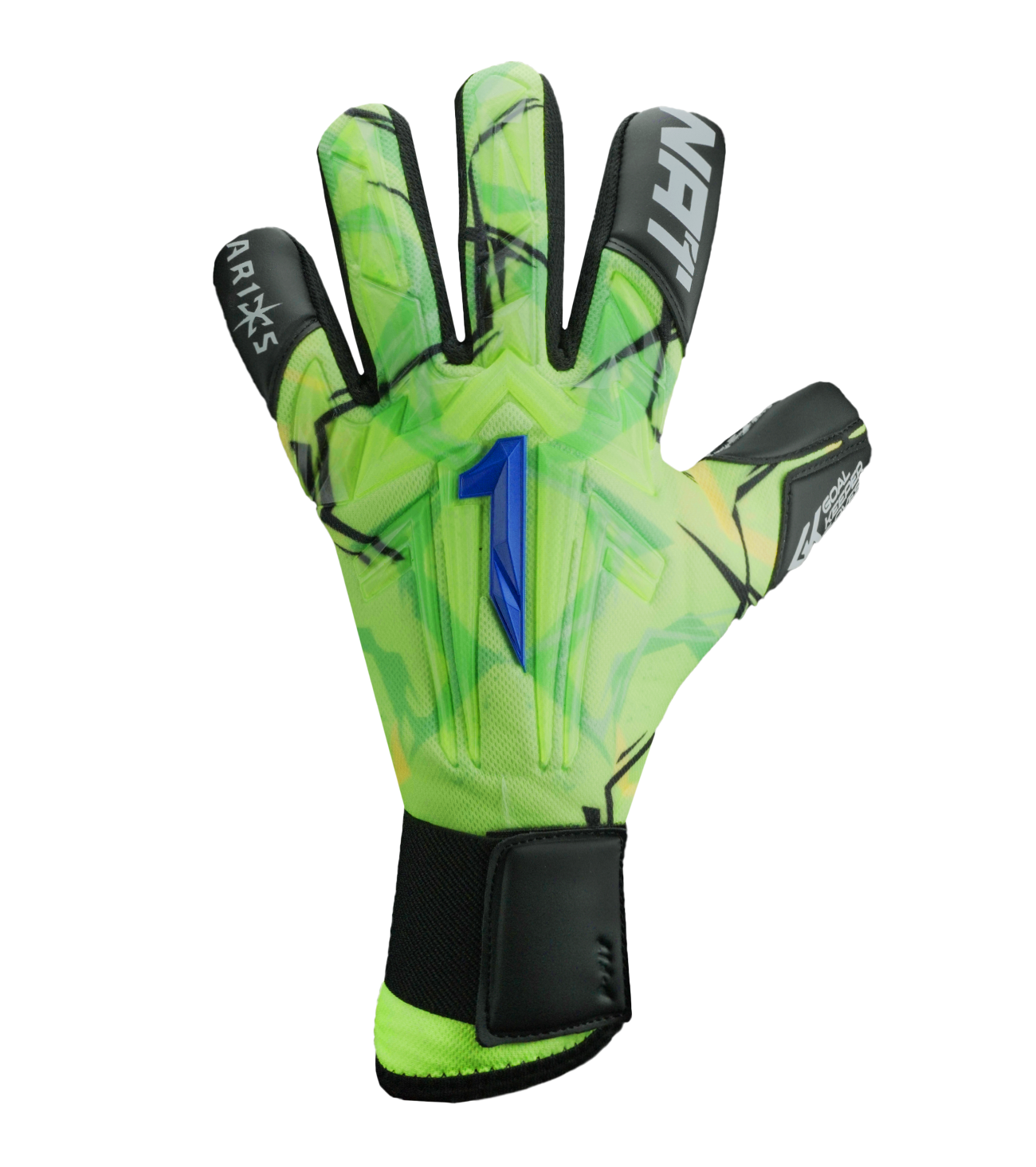 Guantes de portero Aries X Prime Blue, modelo de tercera generación con palma alemana AXG® de agarre excepcional en mojado, corte técnico Arrow Cut que combina ergonomía y mayor superficie de contacto, dorso con aplicaciones de goma protectoras sobre malla transpirable y cierre de muñequera tejida con doble anclaje y látex extendido. Guantes de portero de futbol de gama alta, diseñados para porteros de élite que buscan máximo rendimiento, precisión y control en cualquier condición. Disponibles en UnoKeeper.