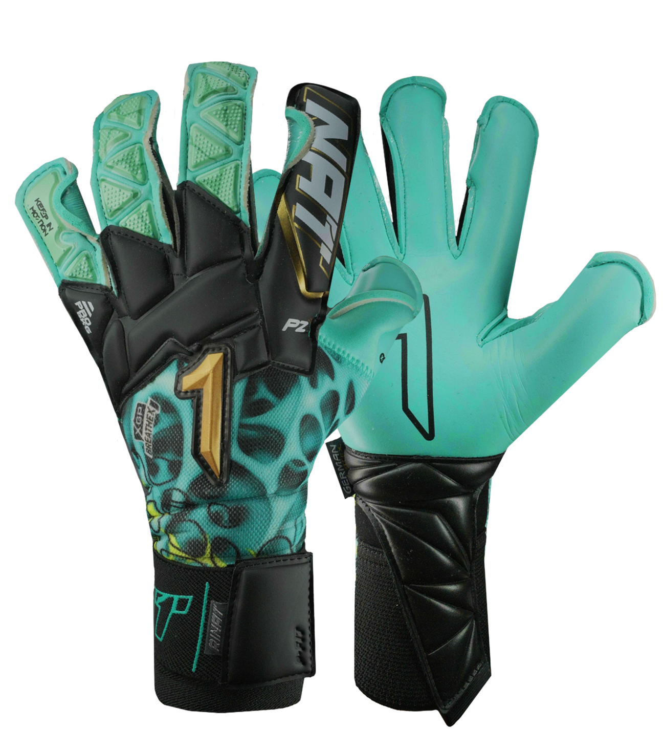 Guantes de portero de fútbol Rinat Xtreme Guard Dominius Pro Aqua – corte Ergo-Roll ergonómico con palma de látex alemán de alta calidad para agarre superior en condiciones húmedas, dorso de neopreno con volumen en dedos y nudillos para protección y ligereza, y cierre de muñequera elástica con cintillo bronce removible. Rendimiento, control y confort en cualquier clima. Disponibles en UnoKeeper.