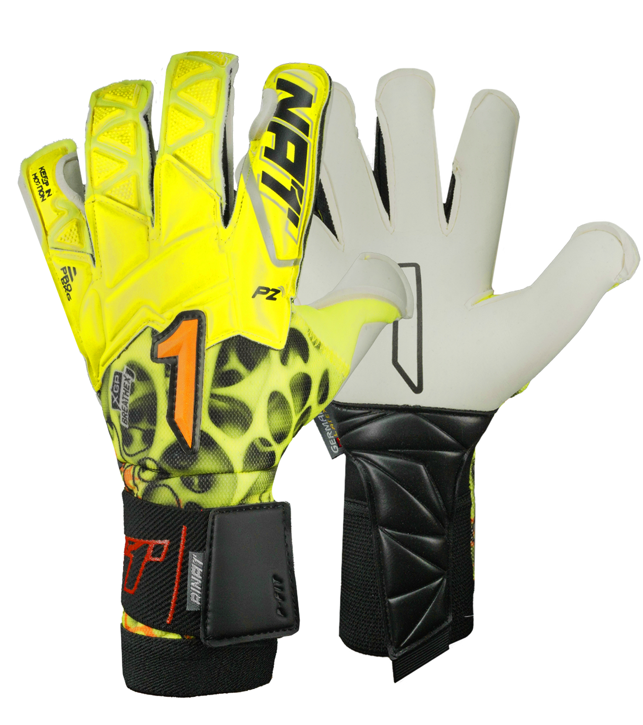 Guantes de portero de fútbol Rinat Xtreme Guard Dominius Pro Amarillo/Blanco – corte Ergo-Roll ergonómico con palma de látex alemán de alta calidad para agarre superior en condiciones húmedas, dorso de neopreno con volumen en dedos y nudillos para protección y ligereza, y cierre de muñequera elástica con cintillo bronce removible. Rendimiento, control y confort en cualquier clima. Disponibles en UnoKeeper.