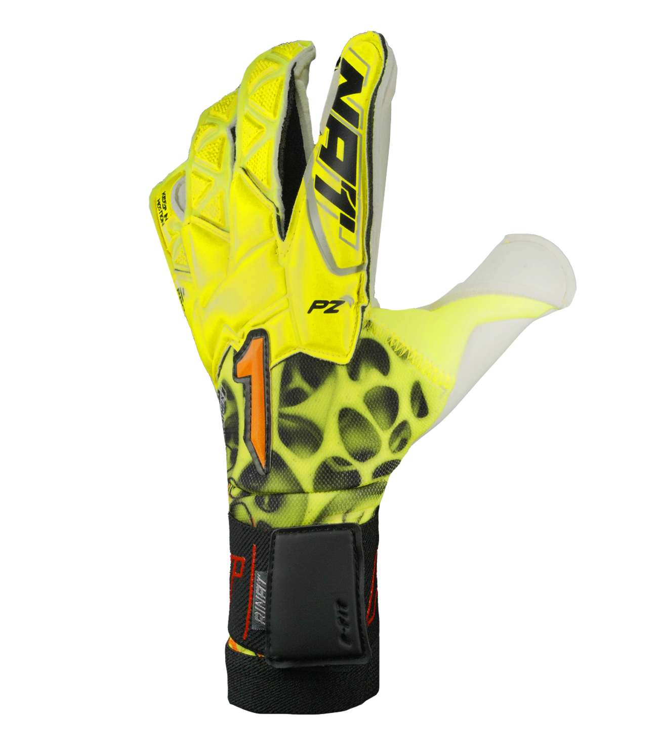 Guantes de portero de fútbol Rinat Xtreme Guard Dominius Pro Amarillo/Blanco – corte Ergo-Roll ergonómico con palma de látex alemán de alta calidad para agarre superior en condiciones húmedas, dorso de neopreno con volumen en dedos y nudillos para protección y ligereza, y cierre de muñequera elástica con cintillo bronce removible. Rendimiento, control y confort en cualquier clima. Disponibles en UnoKeeper.