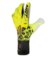 Guantes de portero de fútbol Rinat Xtreme Guard Dominius Pro Amarillo/Blanco – corte Ergo-Roll ergonómico con palma de látex alemán de alta calidad para agarre superior en condiciones húmedas, dorso de neopreno con volumen en dedos y nudillos para protección y ligereza, y cierre de muñequera elástica con cintillo bronce removible. Rendimiento, control y confort en cualquier clima. Disponibles en UnoKeeper.