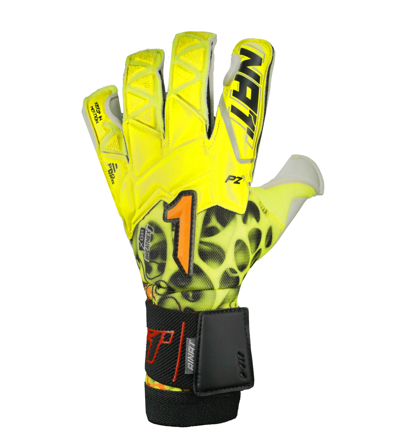 Guantes de portero de fútbol Rinat Xtreme Guard Dominius Pro Amarillo/Blanco – corte Ergo-Roll ergonómico con palma de látex alemán de alta calidad para agarre superior en condiciones húmedas, dorso de neopreno con volumen en dedos y nudillos para protección y ligereza, y cierre de muñequera elástica con cintillo bronce removible. Rendimiento, control y confort en cualquier clima. Disponibles en UnoKeeper.