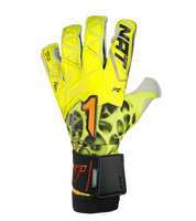 Guantes de portero de fútbol Rinat Xtreme Guard Dominius Pro Amarillo/Blanco – corte Ergo-Roll ergonómico con palma de látex alemán de alta calidad para agarre superior en condiciones húmedas, dorso de neopreno con volumen en dedos y nudillos para protección y ligereza, y cierre de muñequera elástica con cintillo bronce removible. Rendimiento, control y confort en cualquier clima. Disponibles en UnoKeeper.