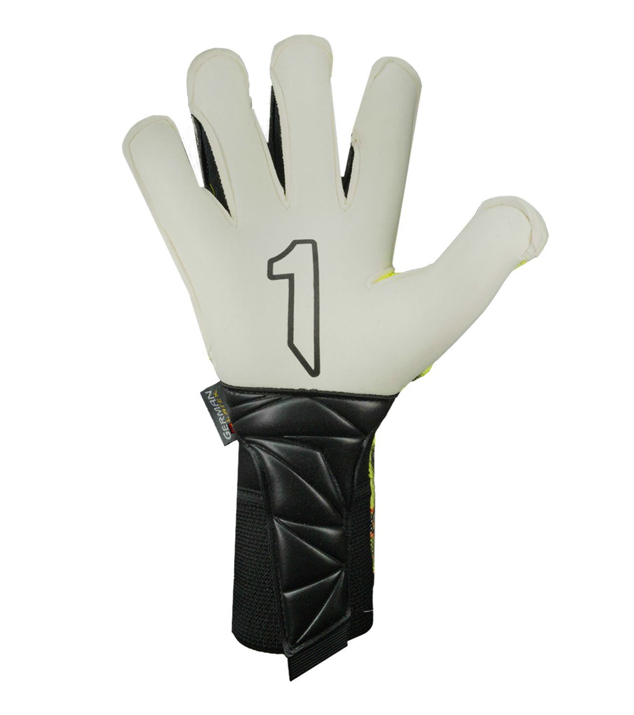 Guantes de portero de fútbol Rinat Xtreme Guard Dominius Pro Amarillo/Blanco – corte Ergo-Roll ergonómico con palma de látex alemán de alta calidad para agarre superior en condiciones húmedas, dorso de neopreno con volumen en dedos y nudillos para protección y ligereza, y cierre de muñequera elástica con cintillo bronce removible. Rendimiento, control y confort en cualquier clima. Disponibles en UnoKeeper.