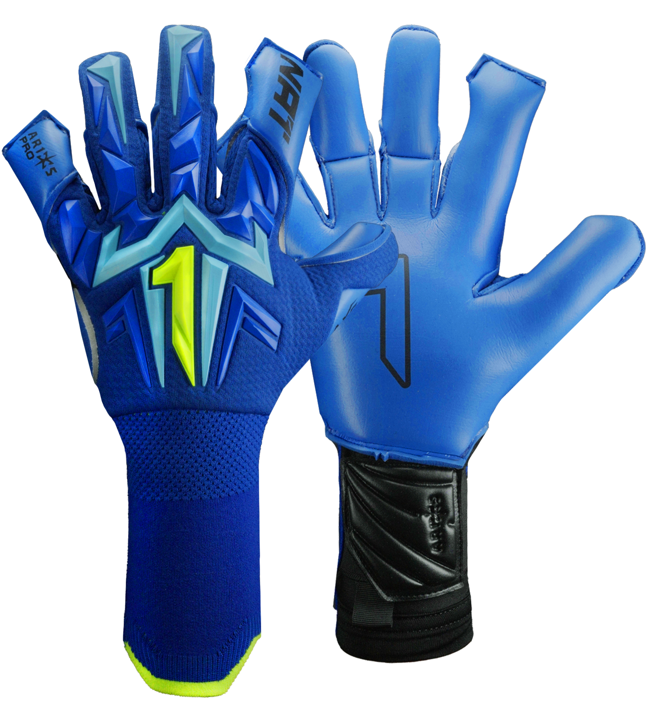 Guantes de portero de futbol Aries X PRO Azul edición especial Rinat + UnoKeeper con palma AXG alemana profesional, corte Arrow Cut, dorso AeroKnit con goma 3D y cierre de doble anclaje con muñequera tejida.
