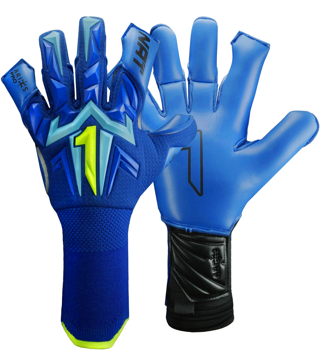 Guantes de portero de futbol Aries X PRO Azul edición especial Rinat + UnoKeeper con palma AXG alemana profesional, corte Arrow Cut, dorso AeroKnit con goma 3D y cierre de doble anclaje con muñequera tejida.