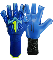 Guantes de portero de futbol Aries X PRO Azul edición especial Rinat + UnoKeeper con palma AXG alemana profesional, corte Arrow Cut, dorso AeroKnit con goma 3D y cierre de doble anclaje con muñequera tejida.