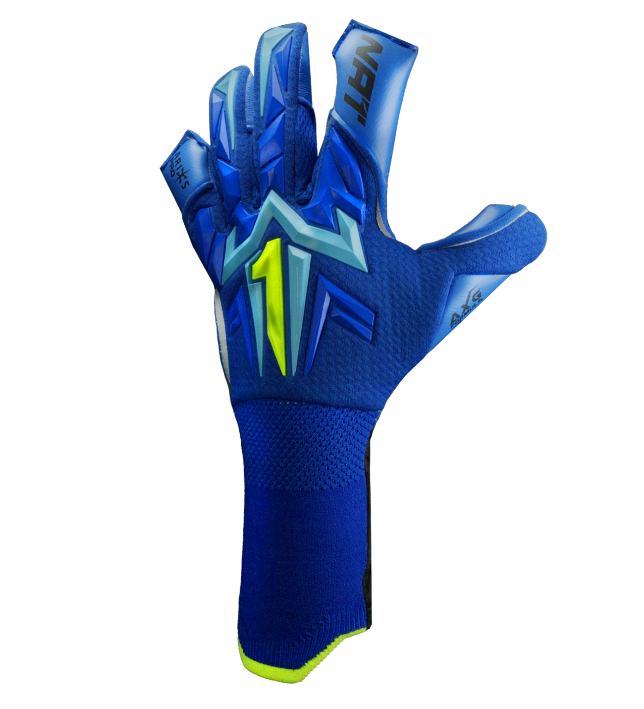 Guantes de portero de futbol Aries X PRO Azul edición especial Rinat + UnoKeeper con palma AXG alemana profesional, corte Arrow Cut, dorso AeroKnit con goma 3D y cierre de doble anclaje con muñequera tejida.