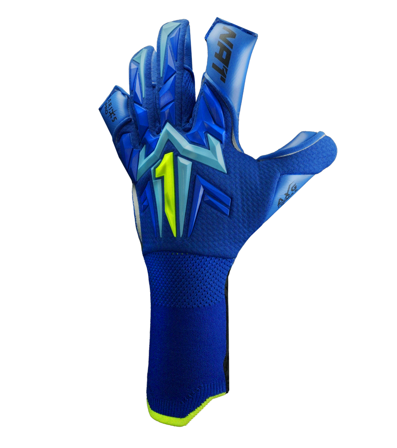 Guantes de portero de futbol Aries X PRO Azul edición especial Rinat + UnoKeeper con palma AXG alemana profesional, corte Arrow Cut, dorso AeroKnit con goma 3D y cierre de doble anclaje con muñequera tejida.