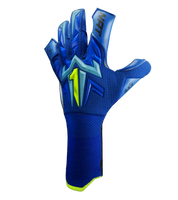 Guantes de portero de futbol Aries X PRO Azul edición especial Rinat + UnoKeeper con palma AXG alemana profesional, corte Arrow Cut, dorso AeroKnit con goma 3D y cierre de doble anclaje con muñequera tejida.