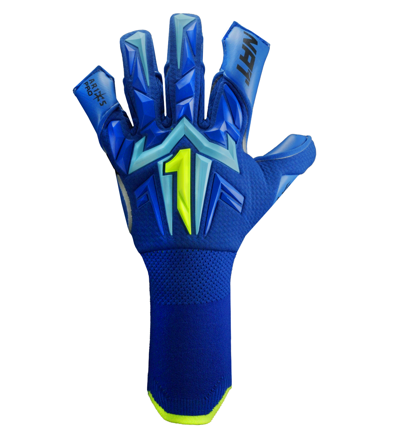 Guantes de portero de futbol Aries X PRO Azul edición especial Rinat + UnoKeeper con palma AXG alemana profesional, corte Arrow Cut, dorso AeroKnit con goma 3D y cierre de doble anclaje con muñequera tejida.