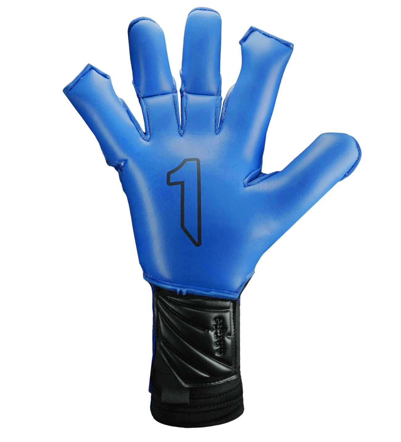 Guantes de portero de futbol Aries X PRO Azul edición especial Rinat + UnoKeeper con palma AXG alemana profesional, corte Arrow Cut, dorso AeroKnit con goma 3D y cierre de doble anclaje con muñequera tejida.