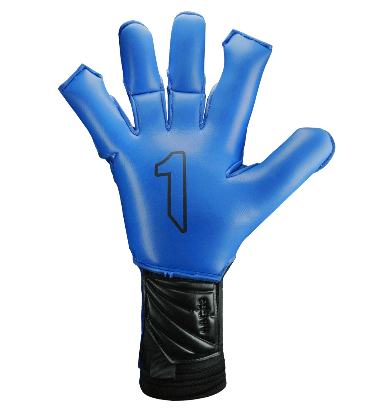 Guantes de portero de futbol Aries X PRO Azul edición especial Rinat + UnoKeeper con palma AXG alemana profesional, corte Arrow Cut, dorso AeroKnit con goma 3D y cierre de doble anclaje con muñequera tejida.
