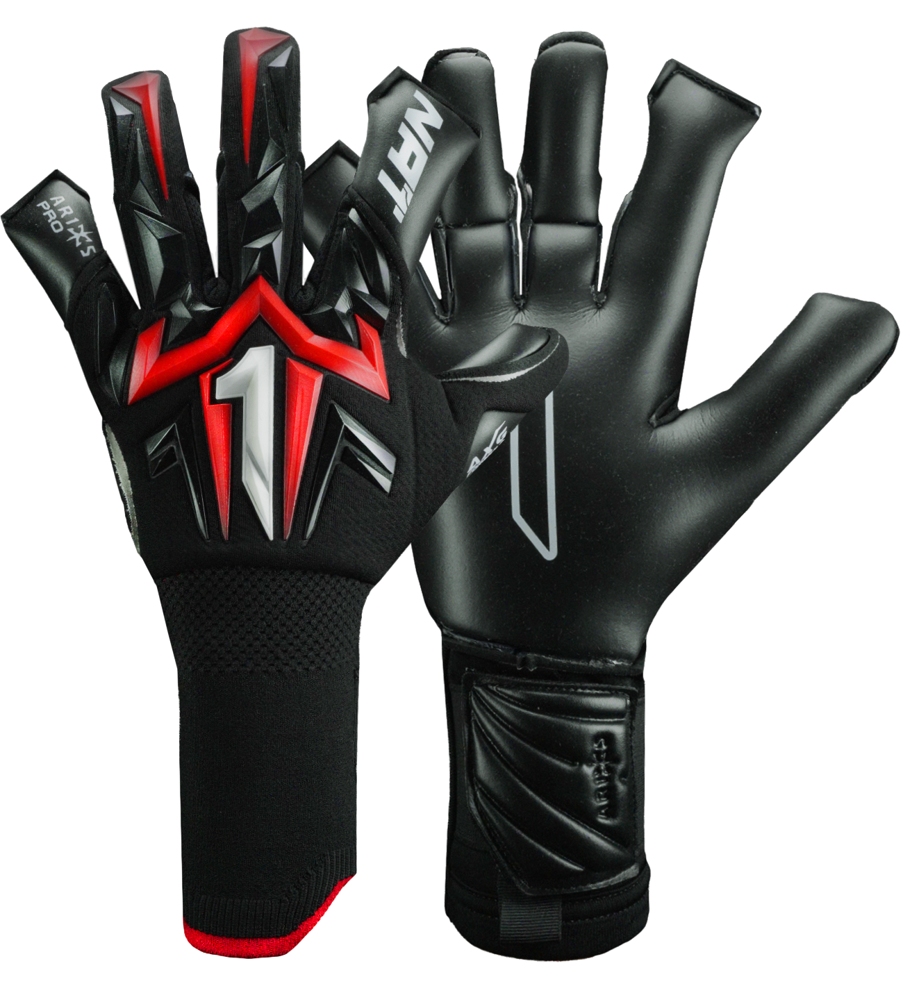 Guantes de portero Aries X PRO Rojo, con palma AXG® de látex alemán, corte Arrow Cut ergonómico, dorso AeroKnit con goma 3D y cierre de muñeca de doble anclaje. Guantes de portero de futbol, ideales para césped natural y sintético. Disponibles en UnoKeeper.