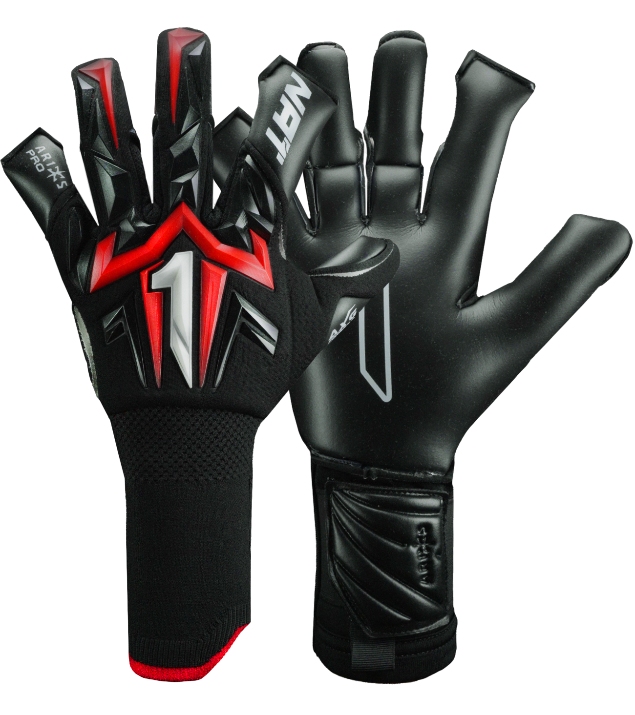 Guantes de portero Aries X PRO Rojo, con palma AXG® de látex alemán, corte Arrow Cut ergonómico, dorso AeroKnit con goma 3D y cierre de muñeca de doble anclaje. Guantes de portero de futbol, ideales para césped natural y sintético. Disponibles en UnoKeeper.