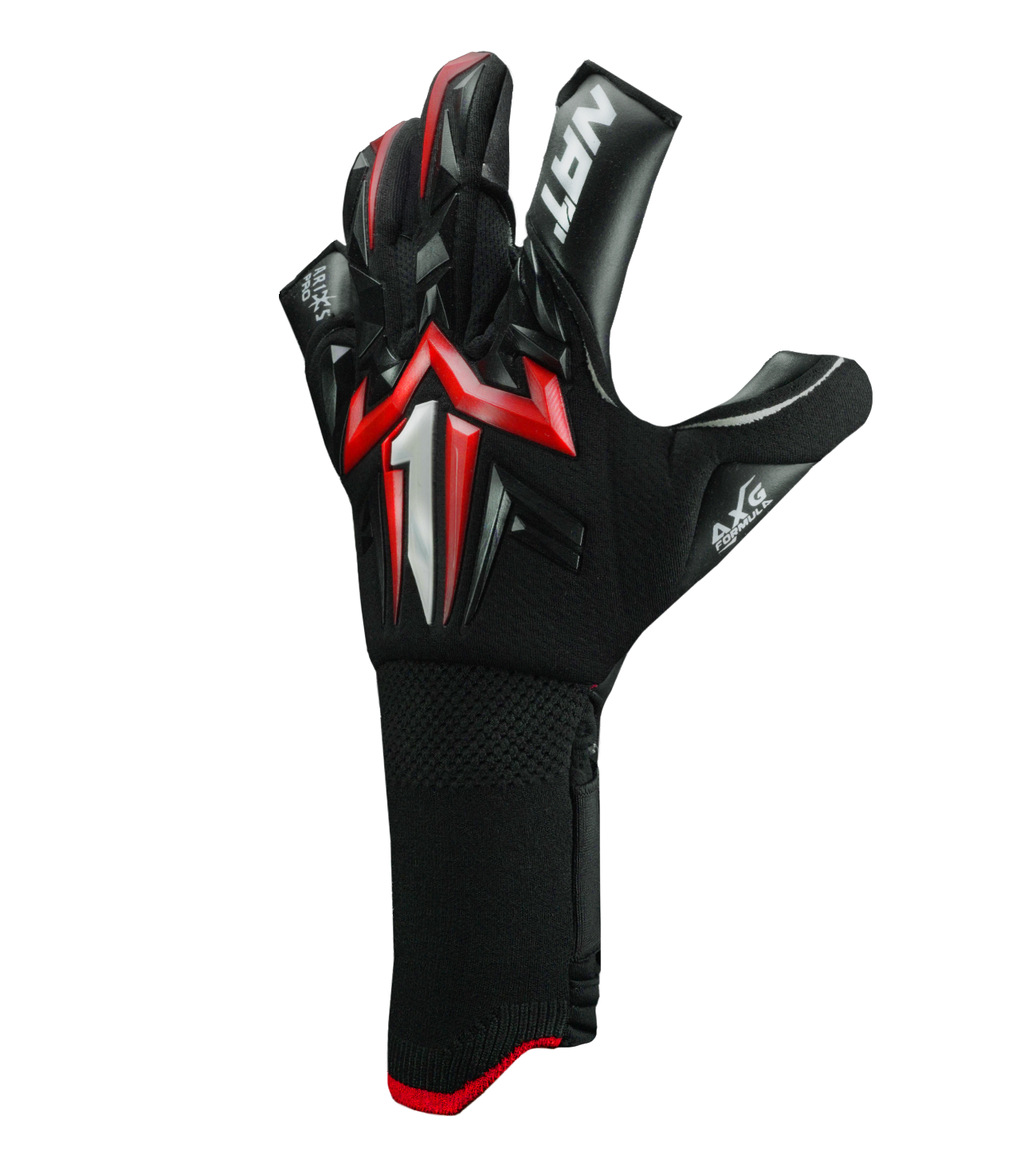 Guantes de portero Aries X PRO Rojo, con palma AXG® de látex alemán, corte Arrow Cut ergonómico, dorso AeroKnit con goma 3D y cierre de muñeca de doble anclaje. Guantes de portero de futbol, ideales para césped natural y sintético. Disponibles en UnoKeeper.