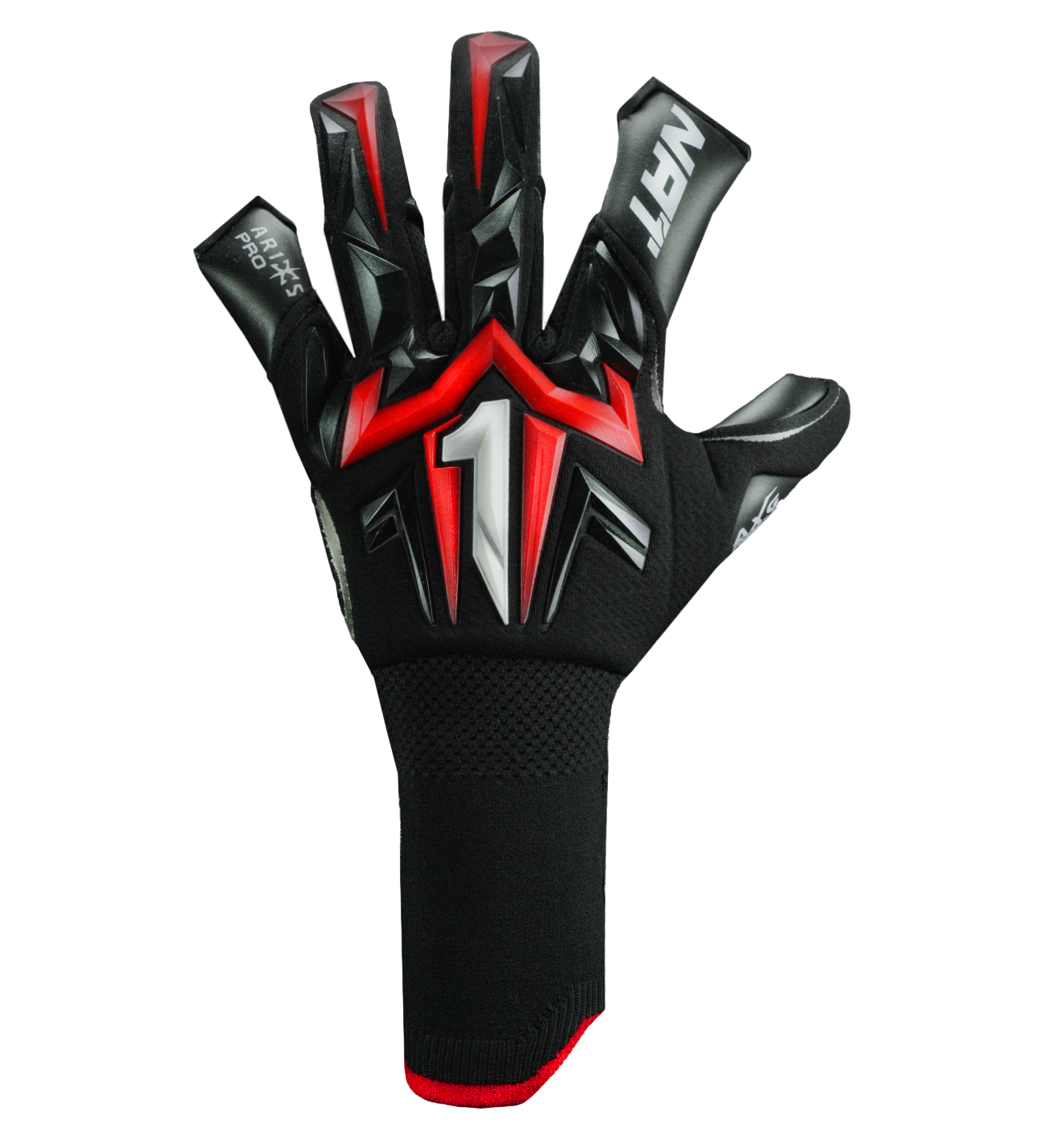 Guantes de portero Aries X PRO Rojo, con palma AXG® de látex alemán, corte Arrow Cut ergonómico, dorso AeroKnit con goma 3D y cierre de muñeca de doble anclaje. Guantes de portero de futbol, ideales para césped natural y sintético. Disponibles en UnoKeeper.