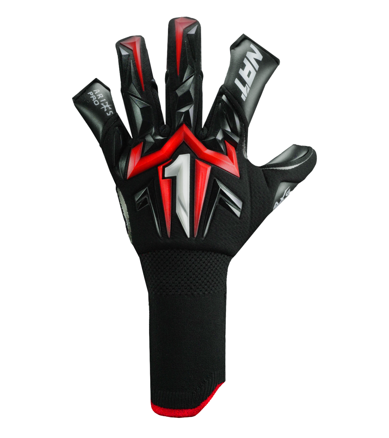 Guantes de portero Aries X PRO Rojo, con palma AXG® de látex alemán, corte Arrow Cut ergonómico, dorso AeroKnit con goma 3D y cierre de muñeca de doble anclaje. Guantes de portero de futbol, ideales para césped natural y sintético. Disponibles en UnoKeeper.