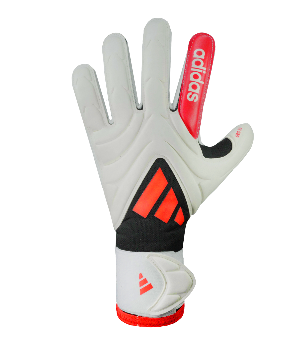 Guantes de portero de fútbol Adidas Copa GL League Jh3793 en negro/rojo, con palma URG 2.0, corte anatómico strapless, dorso con silicona High Definition Grip y cierre sin cintillo. Guantes profesionales de alto rendimiento, disponibles en UnoKeeper.