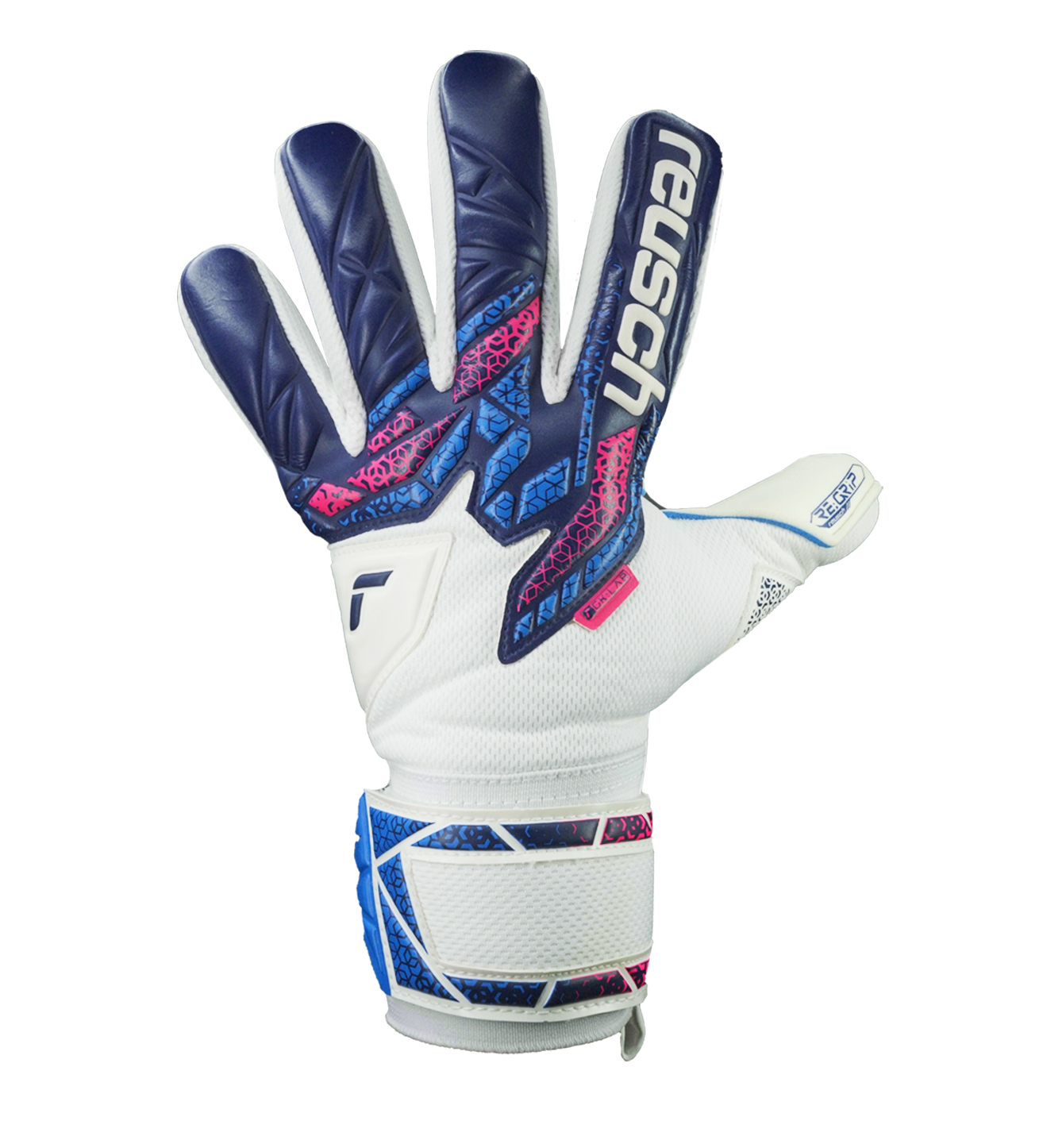 Guantes de portero de fútbol Reusch Attrakt RE:Grip NC Blue/Pink/White con corte negativo, látex alemán de doble capa y agarre profesional en seco y mojado. Disponibles en UnoKeeper.