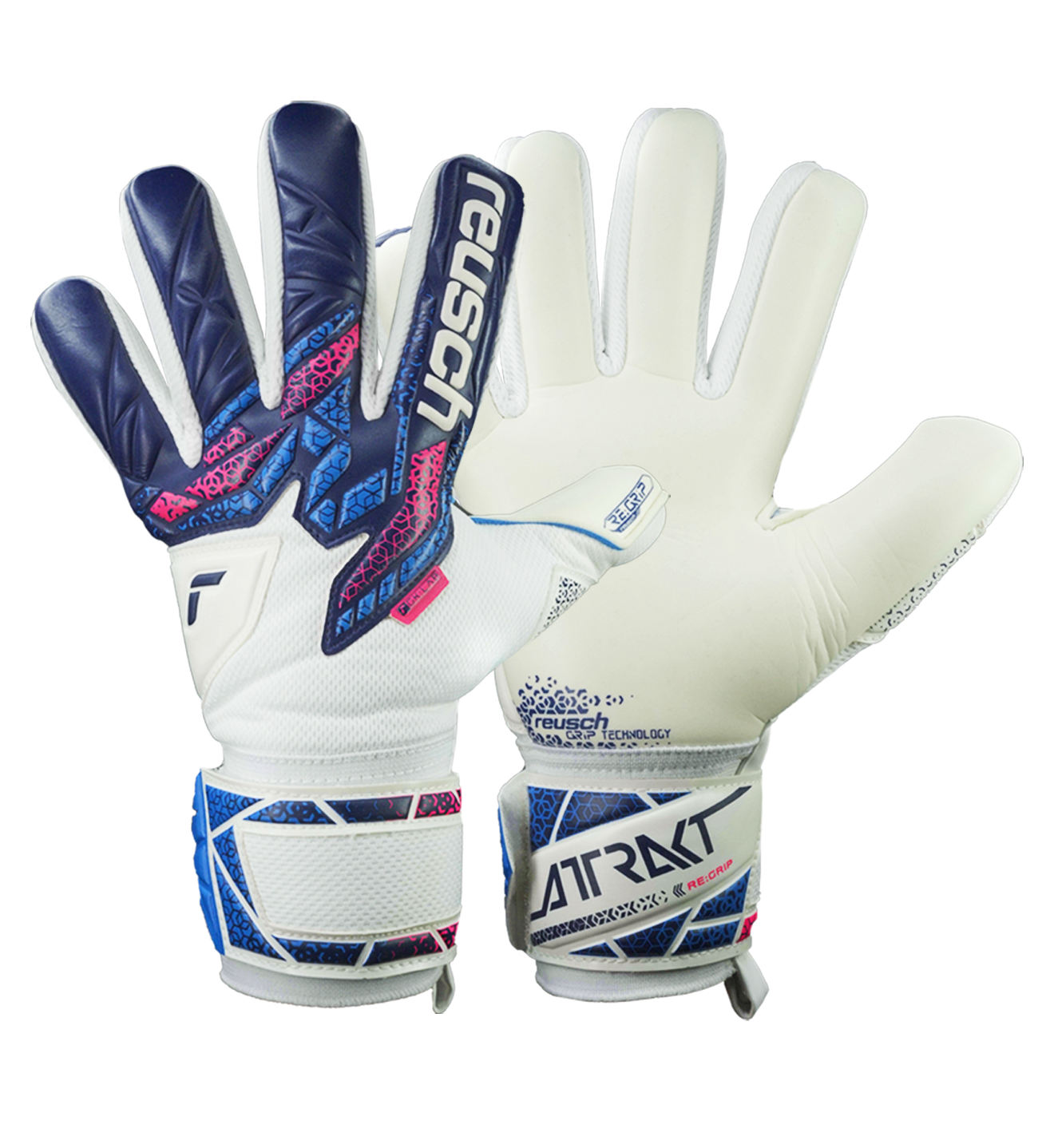 Guantes de portero de fútbol Reusch Attrakt RE:Grip NC Blue/Pink/White con corte negativo, látex alemán de doble capa y agarre profesional en seco y mojado. Disponibles en UnoKeeper.