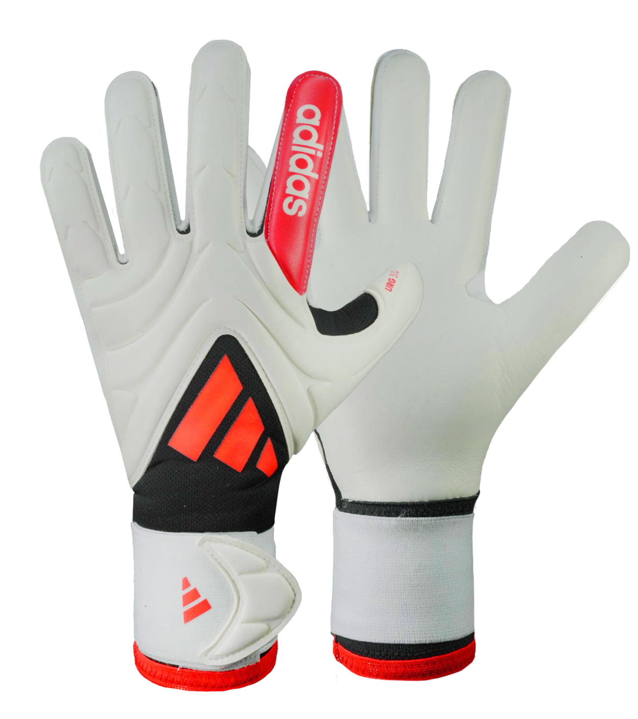 Guantes de portero de fútbol Adidas Copa GL League Jh3793 en negro/rojo, con palma URG 2.0, corte anatómico strapless, dorso con silicona High Definition Grip y cierre sin cintillo. Guantes profesionales de alto rendimiento, disponibles en UnoKeeper.