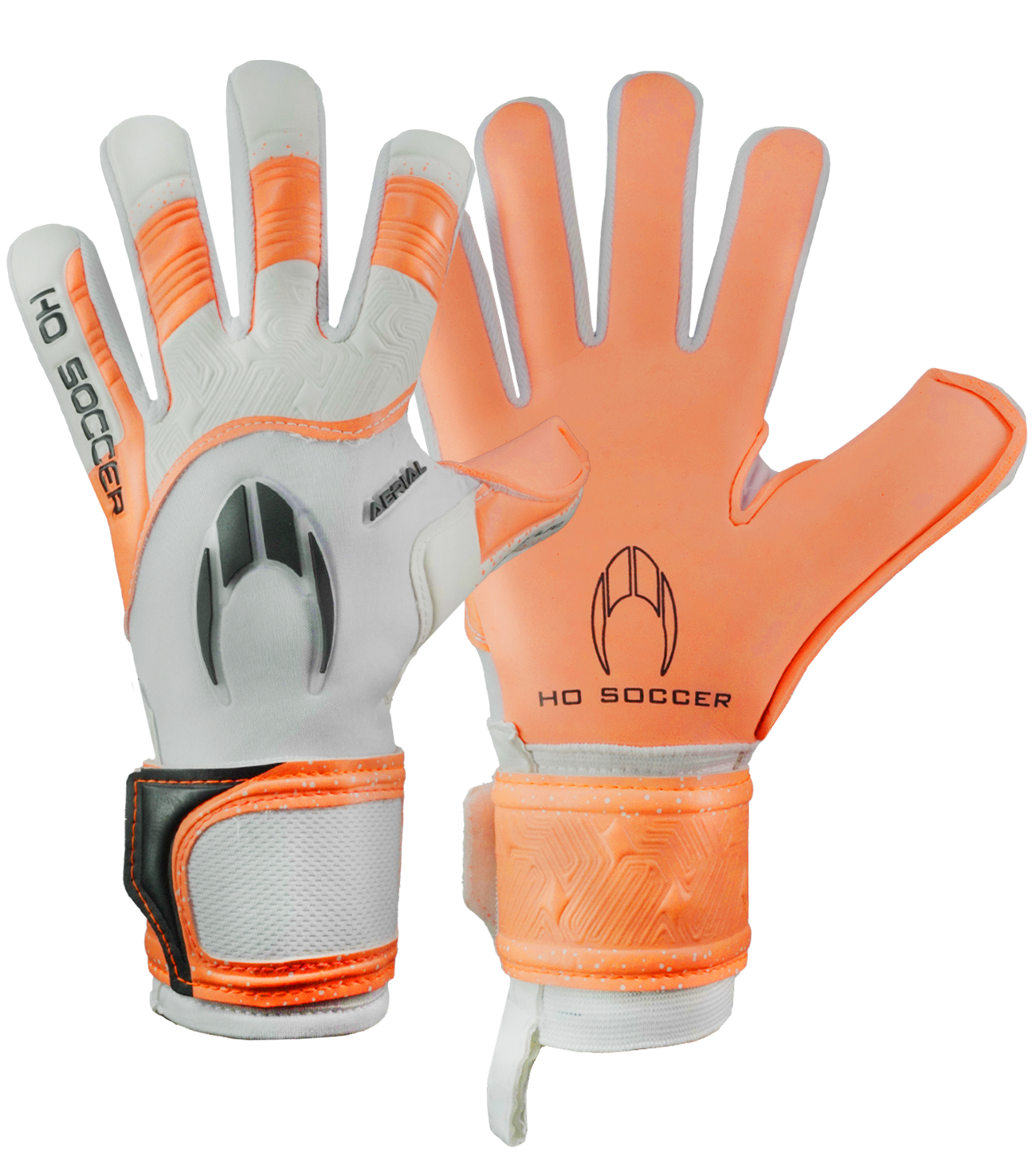 Guantes de portero de futbol HO Soccer Aerial II NG Speed Orange, corte negativo ceñido con palma ORANGE UCG para equilibrio entre agarre y amortiguación, dorso ultraligero CLOUD CELL y cierre elástico con velcro. Ligereza, comodidad y control total. Disponibles en UnoKeeper.