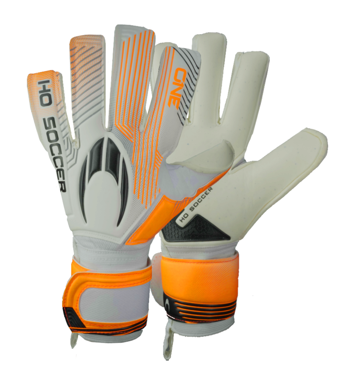 Guantes de portero de futbol HO Soccer One NG Blade Shield Blanco/Naranja/Negro, con palma SHIELD de 5 mm para mayor durabilidad en césped artificial, corte negativo ergonómico, dorso transpirable y cierre de muñequera elástica con velcro. Disponibles en UnoKeeper.