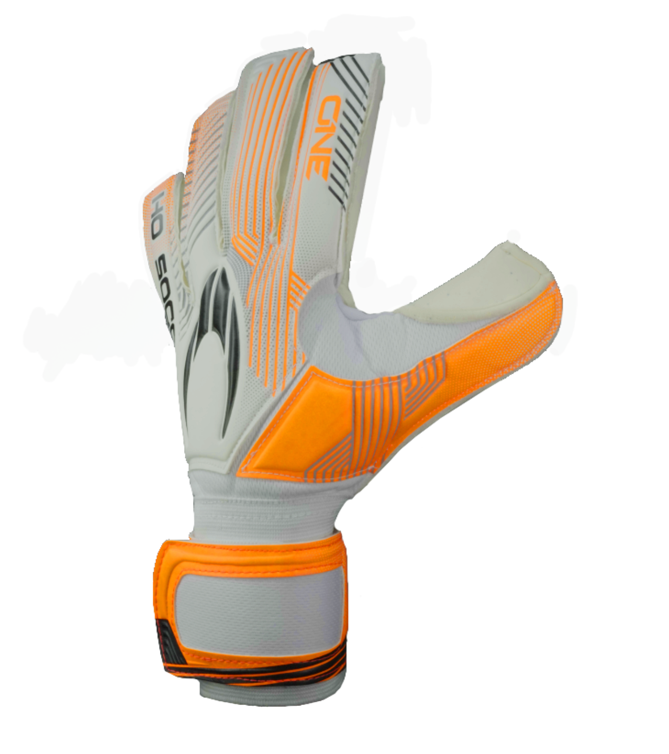 Guantes de portero de futbol HO Soccer One NG Blade Shield Blanco/Naranja/Negro, con palma SHIELD de 5 mm para mayor durabilidad en césped artificial, corte negativo ergonómico, dorso transpirable y cierre de muñequera elástica con velcro. Disponibles en UnoKeeper.