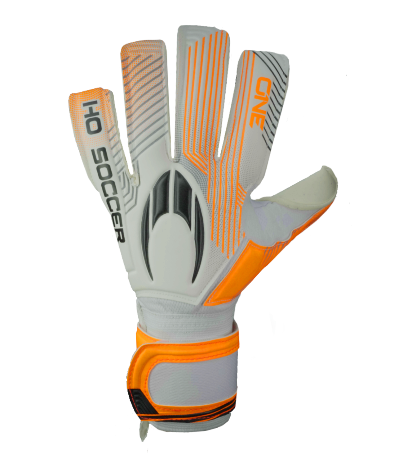 Guantes de portero de futbol HO Soccer One NG Blade Shield Blanco/Naranja/Negro, con palma SHIELD de 5 mm para mayor durabilidad en césped artificial, corte negativo ergonómico, dorso transpirable y cierre de muñequera elástica con velcro. Disponibles en UnoKeeper.