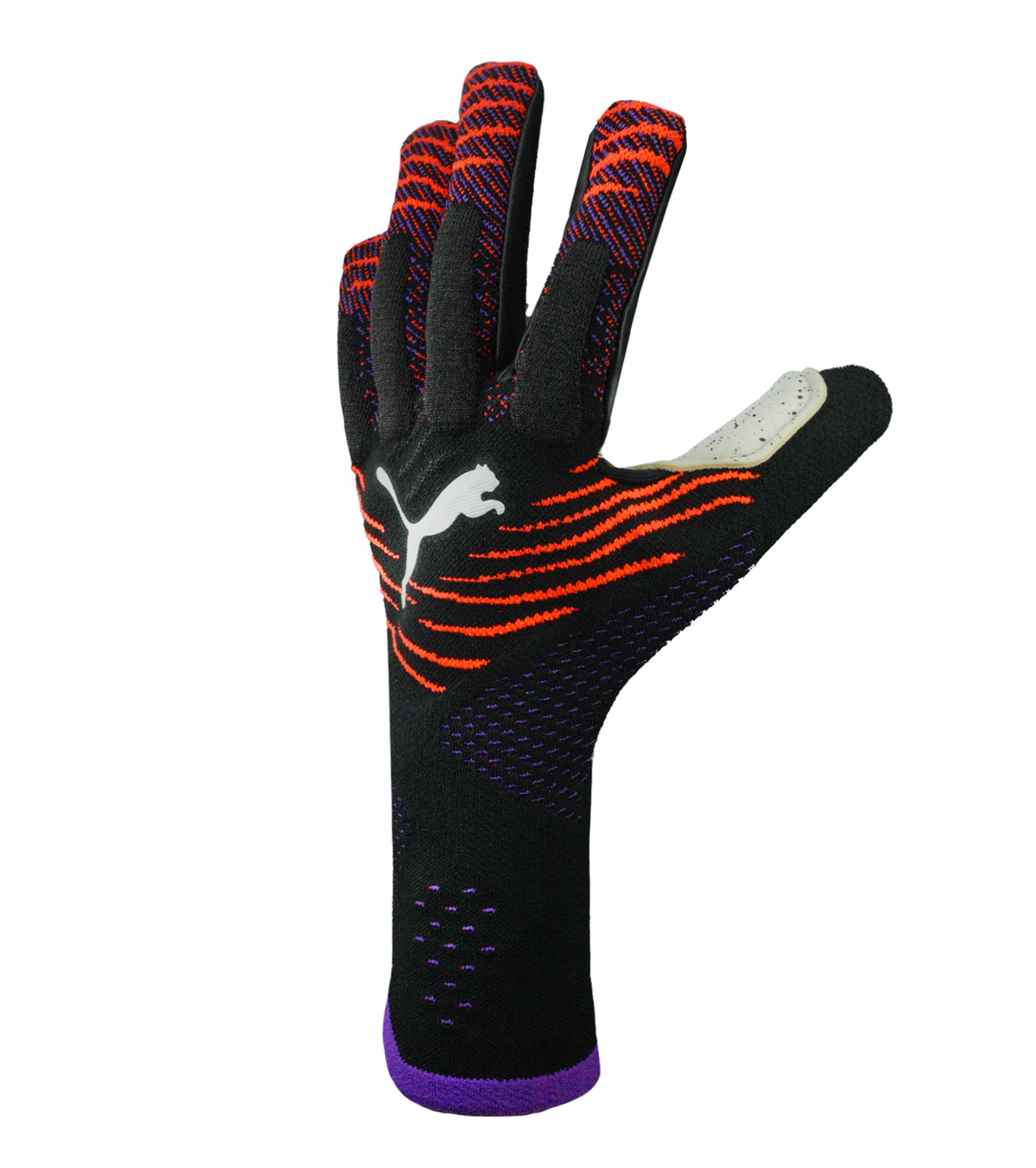 Guantes de portero de fútbol Puma Future Ultimate NC Pro en negro/rojo, con palma Elite+ Dual Grip de látex alemán de 4 mm, corte negativo anatómico, dorso con relieve en nudillos y cierre de muñeca elástica. Guantes profesionales de alto rendimiento, disponibles en UnoKeeper.