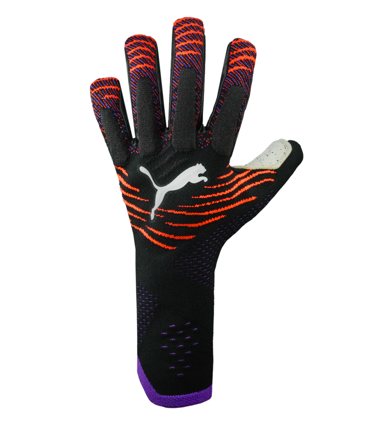 Guantes de portero de fútbol Puma Future Ultimate NC Pro en negro/rojo, con palma Elite+ Dual Grip de látex alemán de 4 mm, corte negativo anatómico, dorso con relieve en nudillos y cierre de muñeca elástica. Guantes profesionales de alto rendimiento, disponibles en UnoKeeper.
