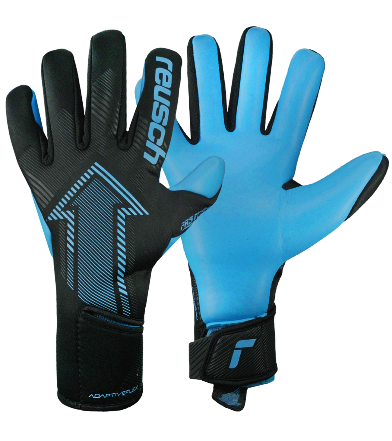 Guantes de portero de fútbol Reusch FastGrip Aqua Black / Aqua Blue, con palma para clima húmedo, corte híbrido y dorso ventilado. Guantes profesionales de agarre y control bajo lluvia, disponibles en UnoKeeper.