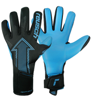 Guantes de portero de fútbol Reusch FastGrip Aqua Black / Aqua Blue, con palma para clima húmedo, corte híbrido y dorso ventilado. Guantes profesionales de agarre y control bajo lluvia, disponibles en UnoKeeper.