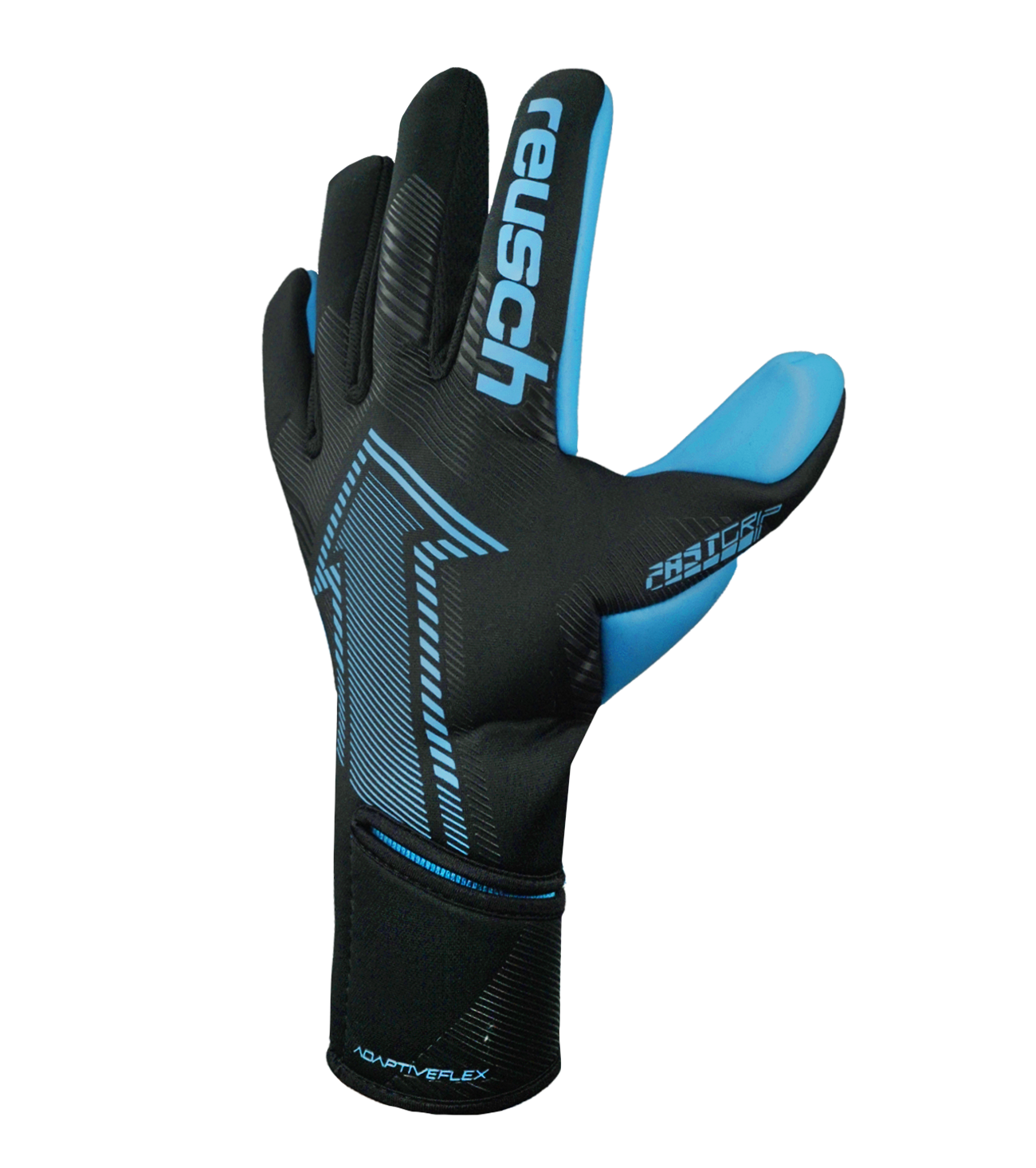 Guantes de portero de fútbol Reusch FastGrip Aqua Black / Aqua Blue, con palma para clima húmedo, corte híbrido y dorso ventilado. Guantes profesionales de agarre y control bajo lluvia, disponibles en UnoKeeper.