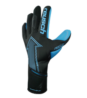Guantes de portero de fútbol Reusch FastGrip Aqua Black / Aqua Blue, con palma para clima húmedo, corte híbrido y dorso ventilado. Guantes profesionales de agarre y control bajo lluvia, disponibles en UnoKeeper.