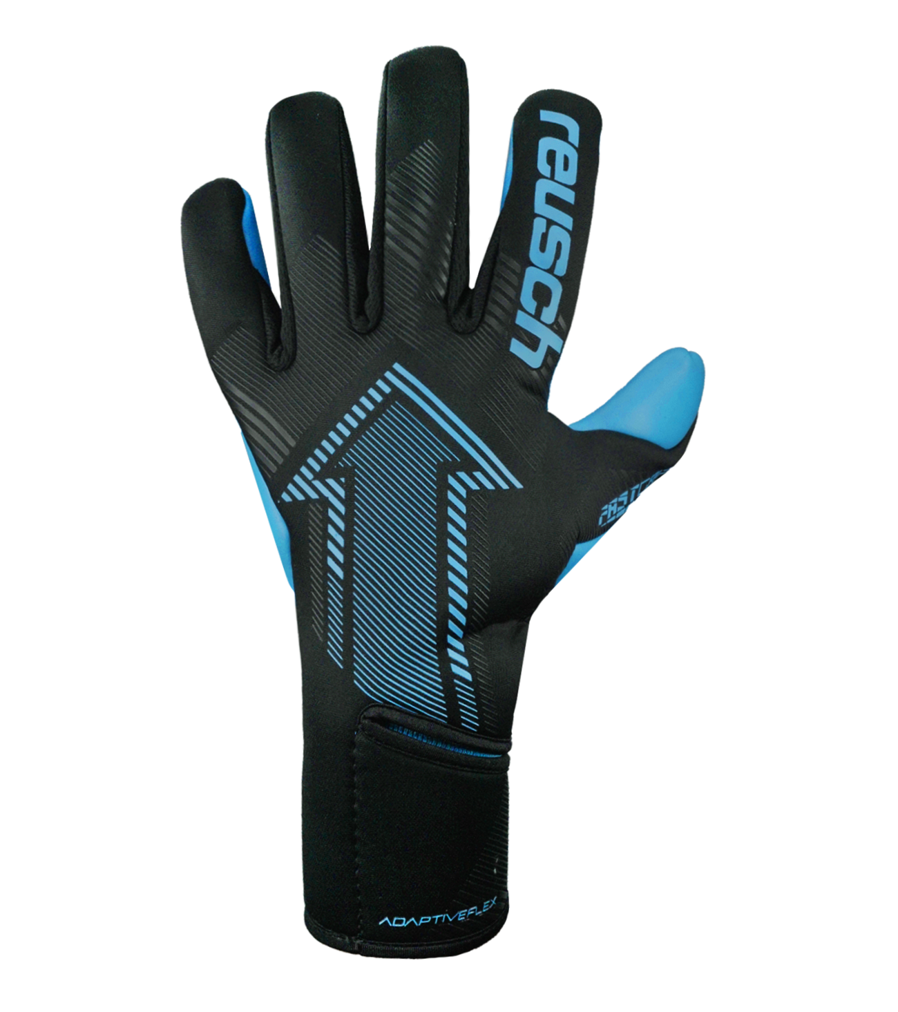 Guantes de portero de fútbol Reusch FastGrip Aqua Black / Aqua Blue, con palma para clima húmedo, corte híbrido y dorso ventilado. Guantes profesionales de agarre y control bajo lluvia, disponibles en UnoKeeper.